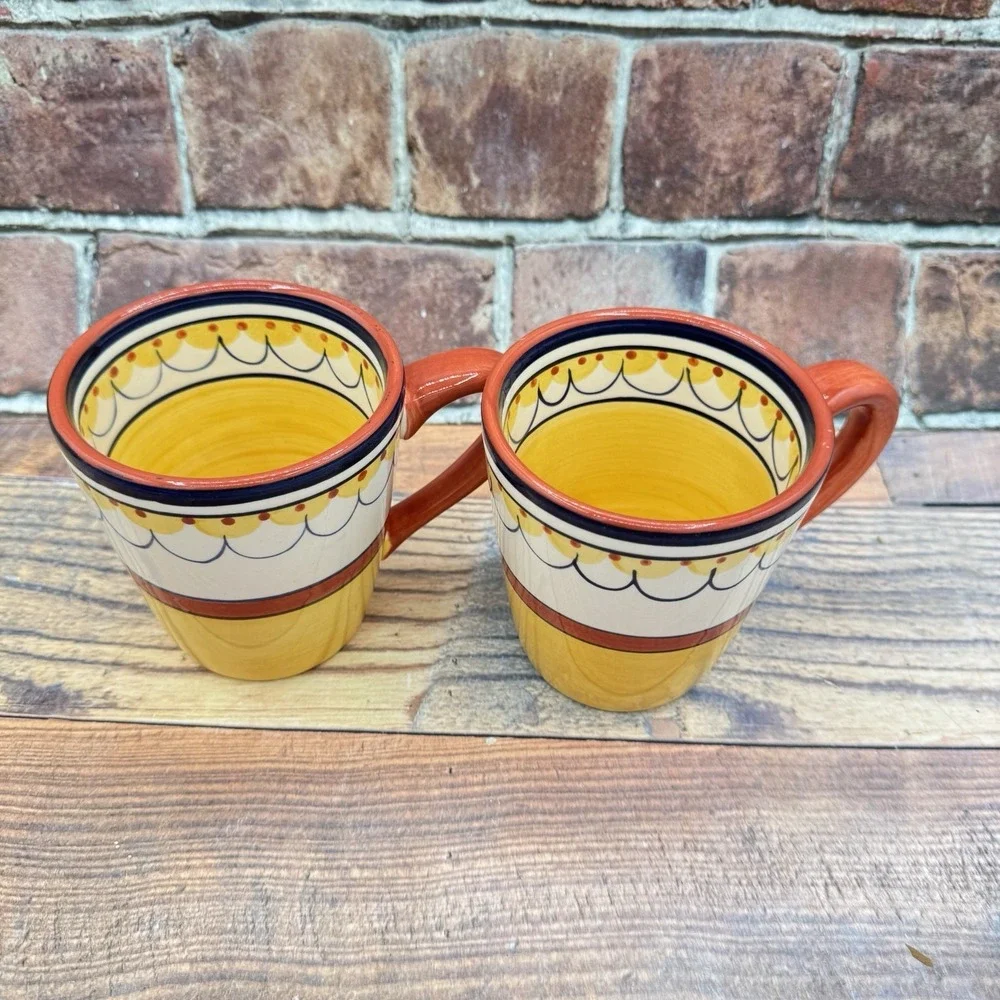 Pier 1 Del Sol 16 oz Coffee Tea Mugs Hand Painted Earthenware Retired Lot of 2